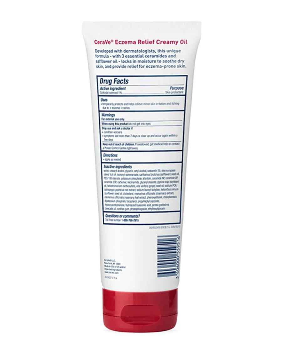 CeraVe Eczema Relief Creamy Oil bottle front view
Texture of CeraVe Creamy Oil for eczema-prone skin
CeraVe Creamy Oil applied to dry itchy skin areas