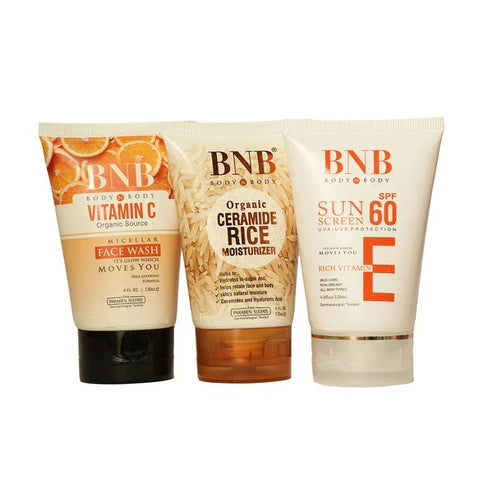 BNB Winter Glow Trio – Vitamin C Face Wash, Vitamin E SPF, and Rice Extract Moisturizer set for hydrated, glowing winter skin