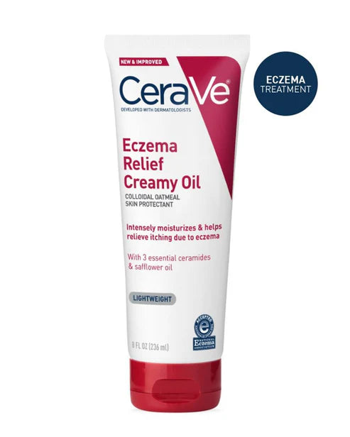 CeraVe Eczema Relief Creamy Oil bottle front view

Texture of CeraVe Creamy Oil for eczema-prone skin

CeraVe Creamy Oil applied to dry itchy skin areas