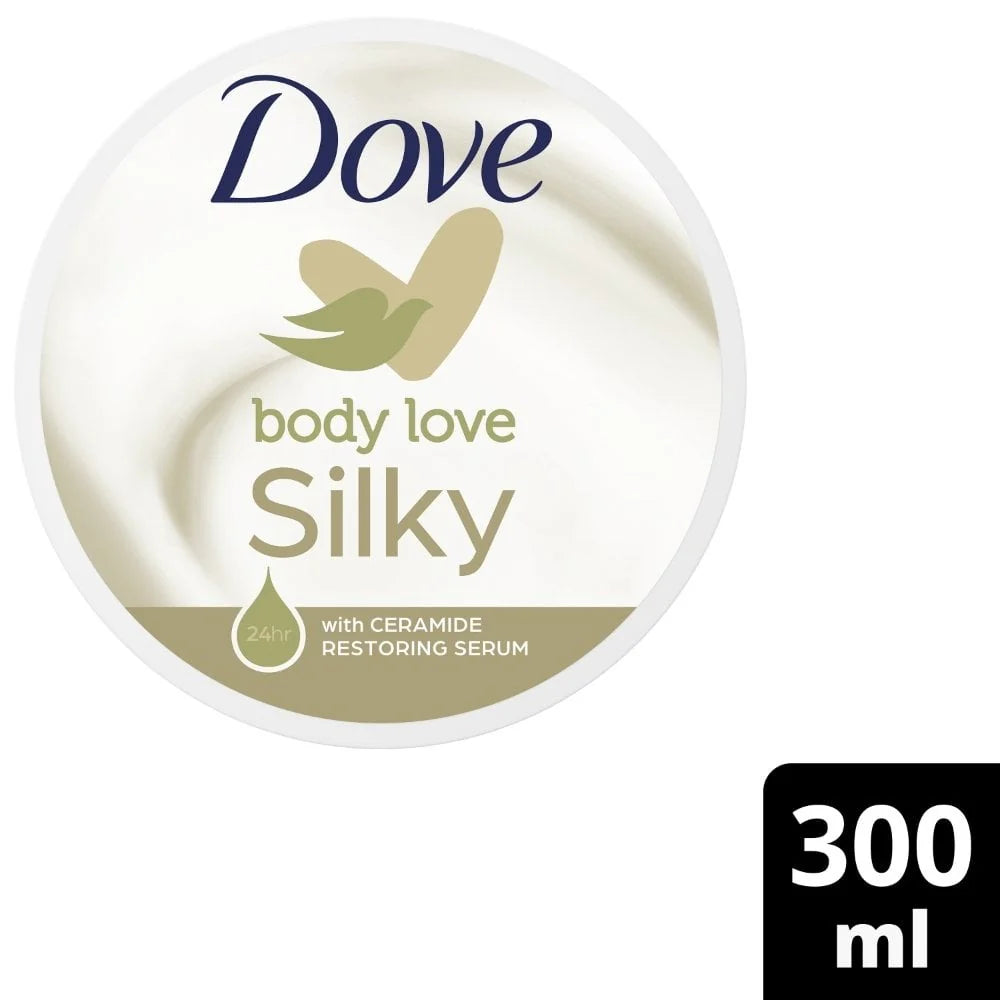 DOVE Silky Body Cream 300ml front view

Cream texture on hand or skin

DOVE body cream in moisturizing routine

Glowing skin results after using Dove body cream