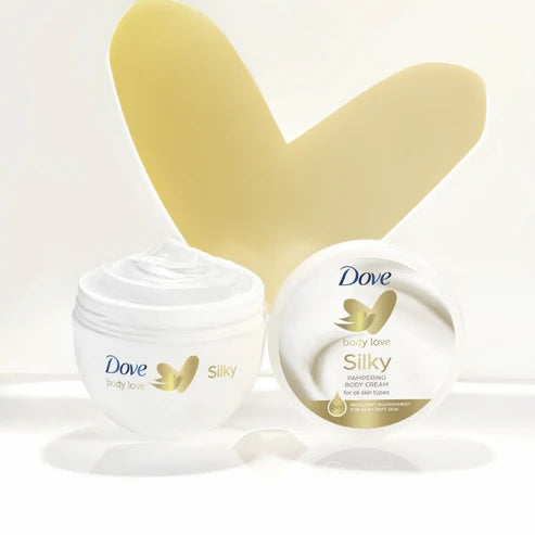 DOVE Silky Body Cream 300ml front view

Cream texture on hand or skin

DOVE body cream in moisturizing routine

Glowing skin results after using Dove body cream