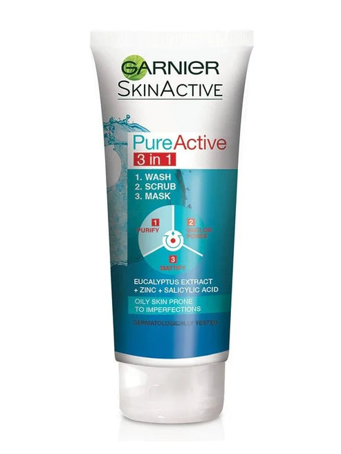 Shop GARNIER Skin Naturals Pure Active 3-in-1 Face Wash, Scrub & Mask. Deep cleanses, controls oil, and fights acne with salicylic acid & natural clay. Ideal for oily skin.