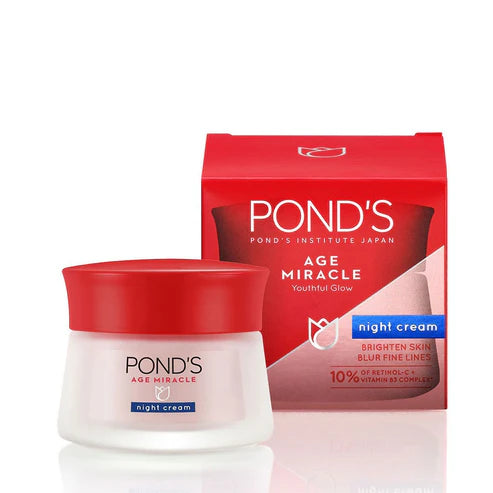 POND’S Age Miracle Night Cream jar front view

Cream texture on hand or face

Before and after results using POND’S Age Miracle

POND’S Night Cream in nighttime skincare routine