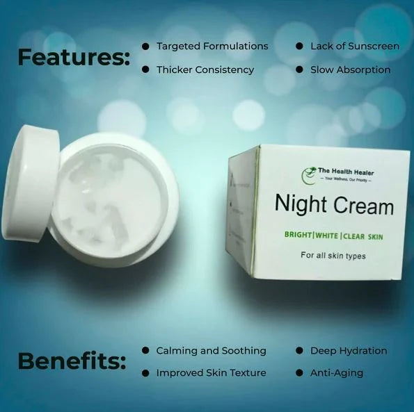THE HEALTH HEALER Night Cream jar front view

Texture of night cream on hand

Before and after skin results using THE HEALTH HEALER Night Cream

Night skincare routine with HEALTH HEALER Night Cream

