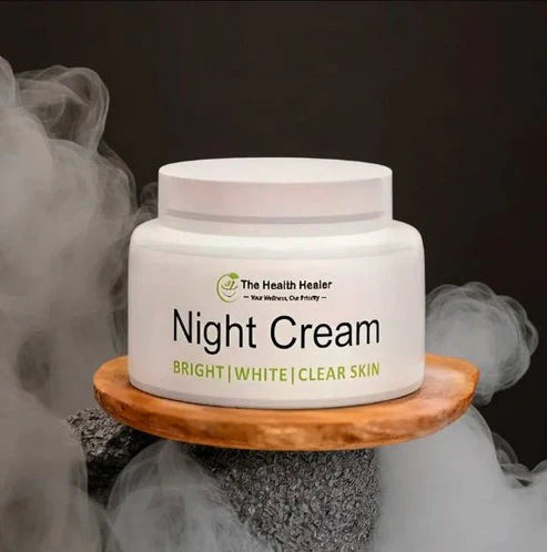 THE HEALTH HEALER Night Cream jar front view

Texture of night cream on hand

Before and after skin results using THE HEALTH HEALER Night Cream

Night skincare routine with HEALTH HEALER Night Cream

