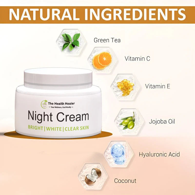 THE HEALTH HEALER Night Cream jar front view

Texture of night cream on hand

Before and after skin results using THE HEALTH HEALER Night Cream

Night skincare routine with HEALTH HEALER Night Cream

